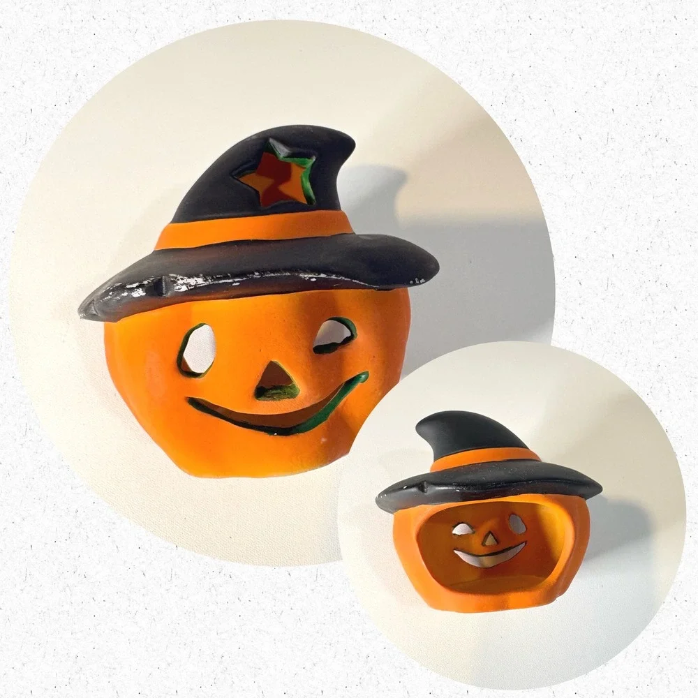Vintage Ceramic Pumpkin Jack-O-Lantern Witch Hat Tea Light Candle Holder Orange